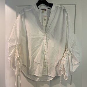 Anthropologie White Button Down Shirt with Ruched Sleeves